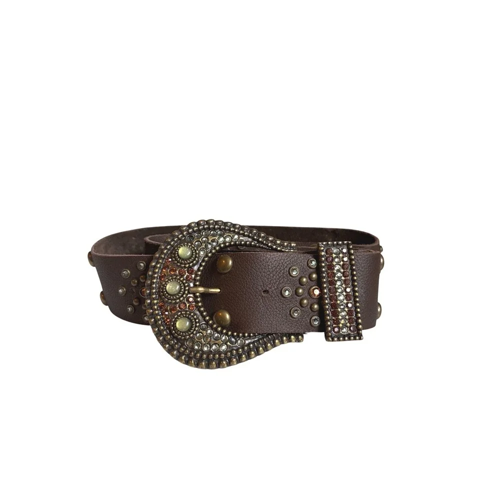 Vintage LEATHERROCK USA Brown Leather Western Rhinestone Belt Boho 41
