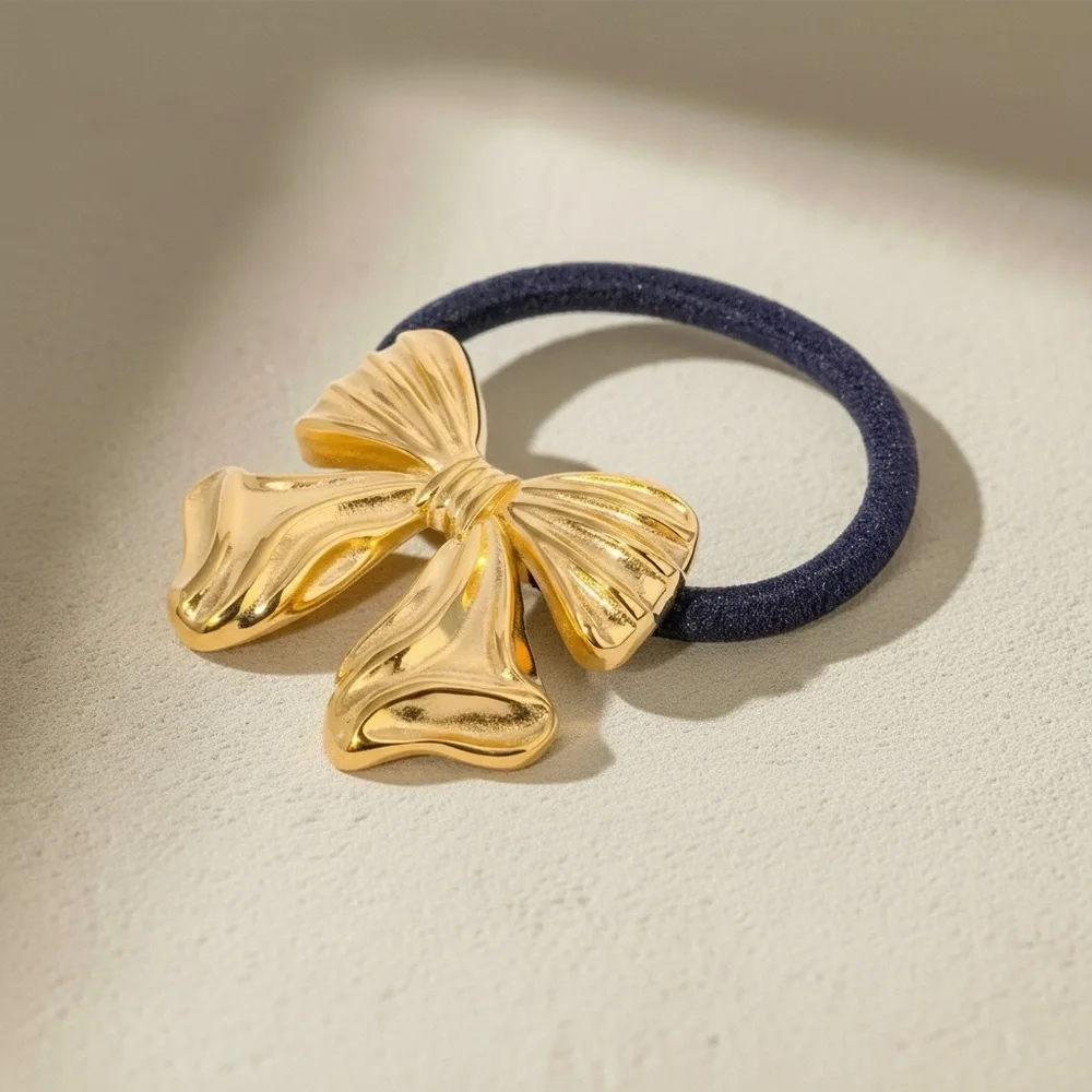 18K Gold Plated Stainless Steel Sculptural Bow Ponytail Cuff Hair Tie