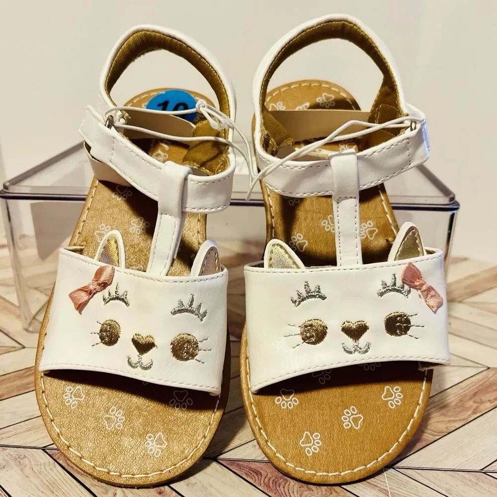 Self Esteem Girls 10 Teacat White T Strap Sandals Kitty Heart Pink Metallic Ears