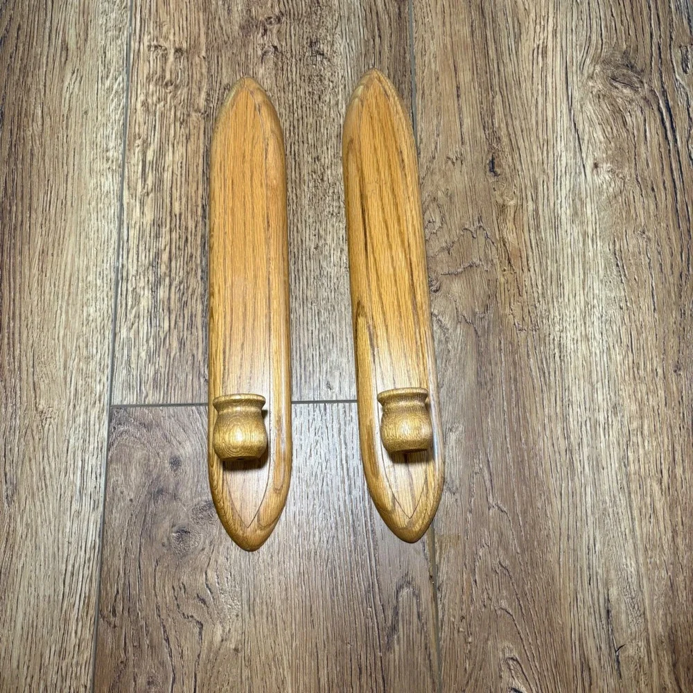 VTG Wood Wall Sconce Pair Solid Oak Taper Candle Holder Set of‎ 2 cottage whimsy