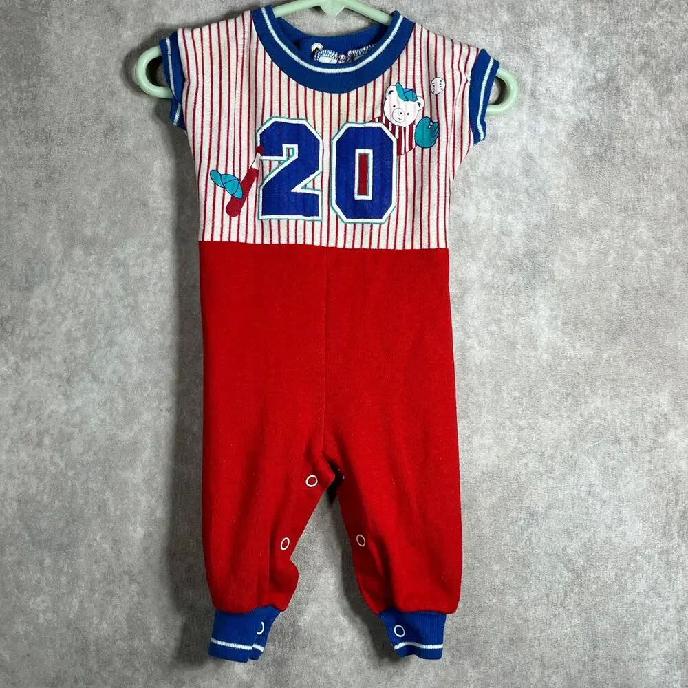 Vintage Health-Tex Romper‎ Baby Size 6 Months Red Striped Short Sleeves USA