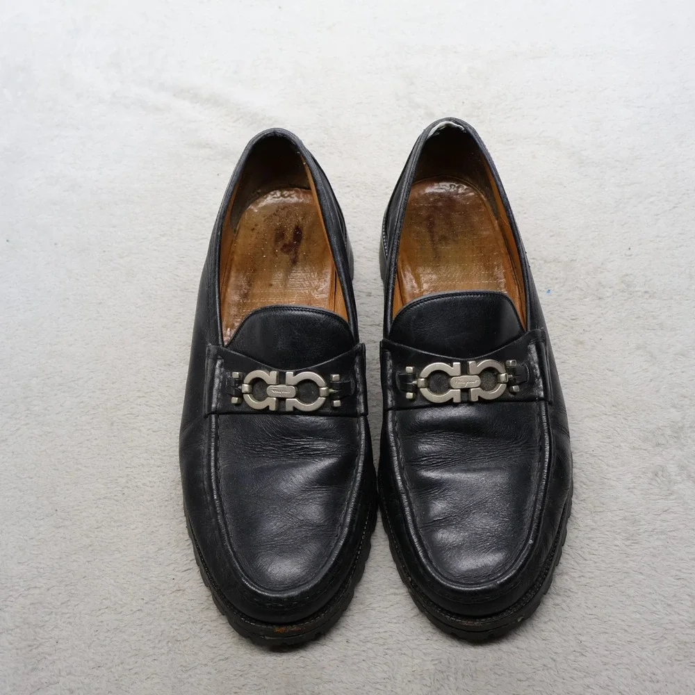 Salvatore Ferragamo Men 9EE Loafers BLK Gancini Leather Slip On Dress Casual VTG