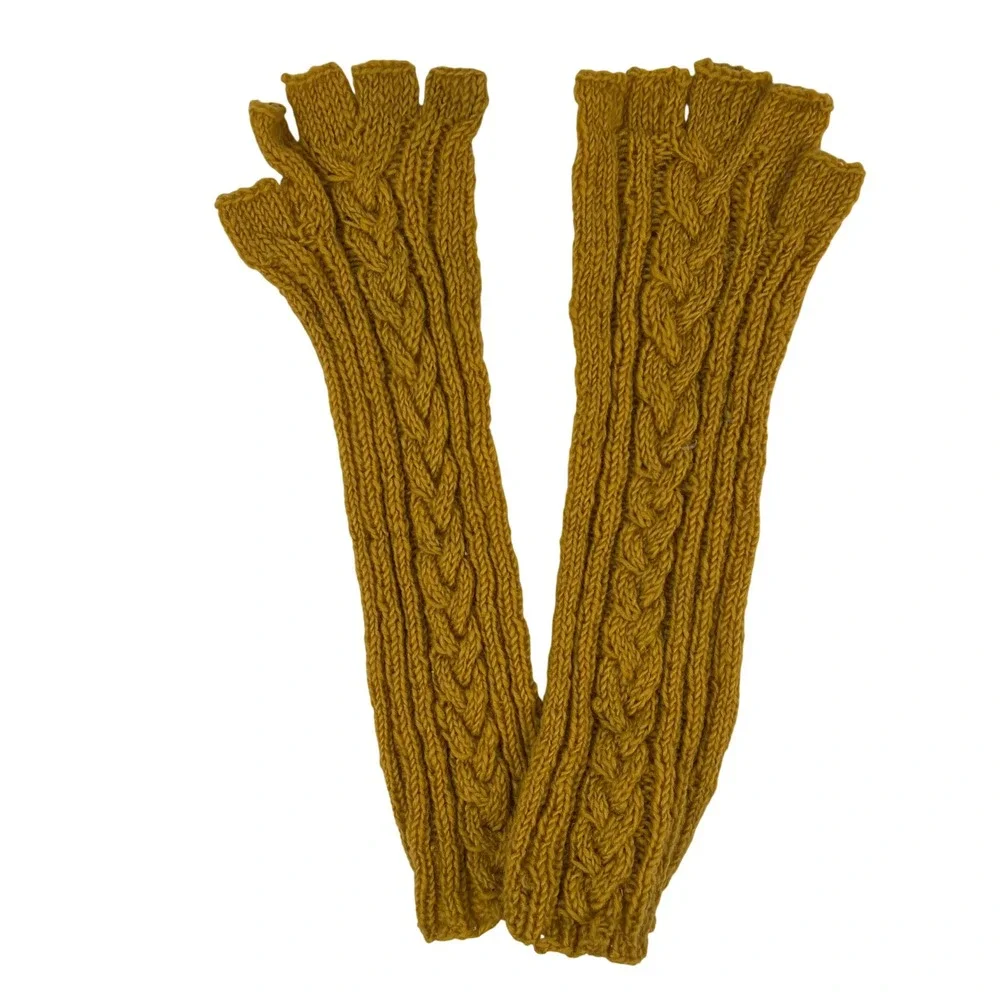 Handmade Wool Mustard Yellow Cable Knit Fingerless Gloves Long Arm‎ Warmers Boho
