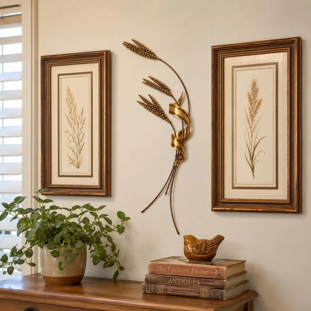 Vintage Home Interiors Brass Wheat Wall Hanging Metal Mid Century Modern 31 Inch