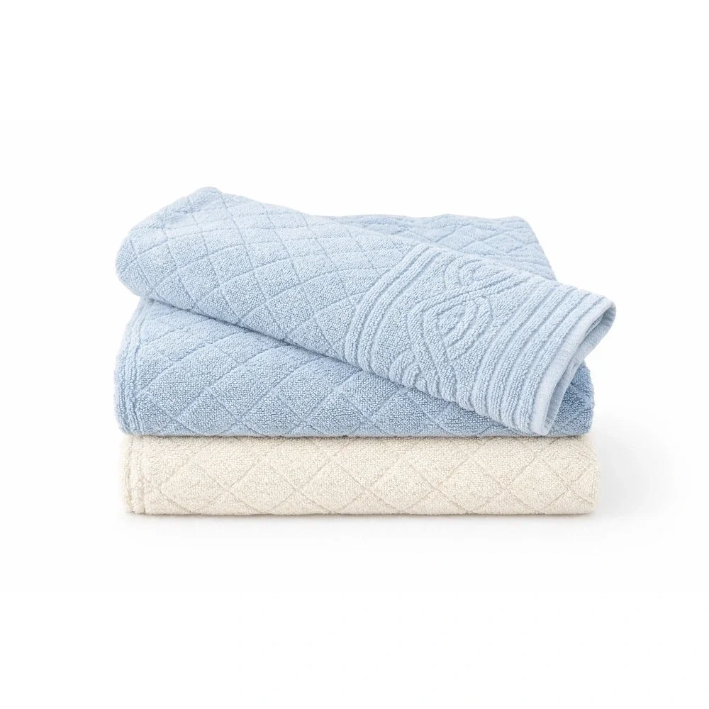 Ralph Lauren 3pc Towel Set Blue White Cotton Quilted Diamond‎ Made in USA Luxury