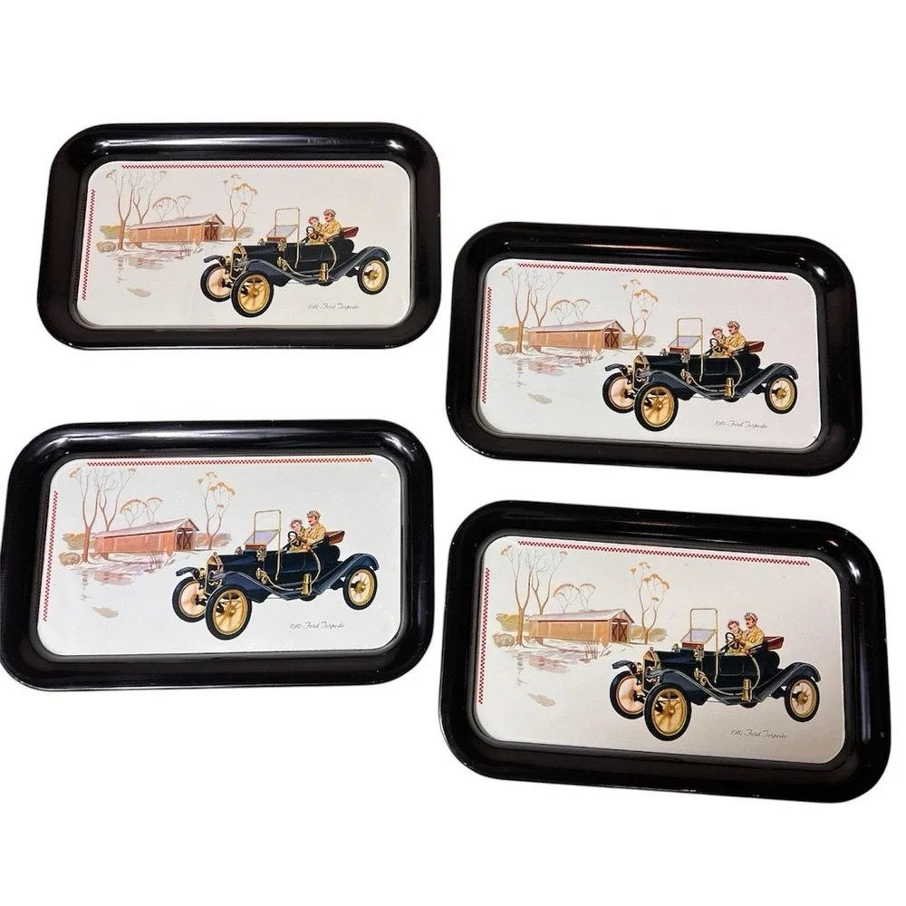 Set of 4 Vintage 60's Metal Collector Trays Ford 1910 Ford Torpedo Car 14