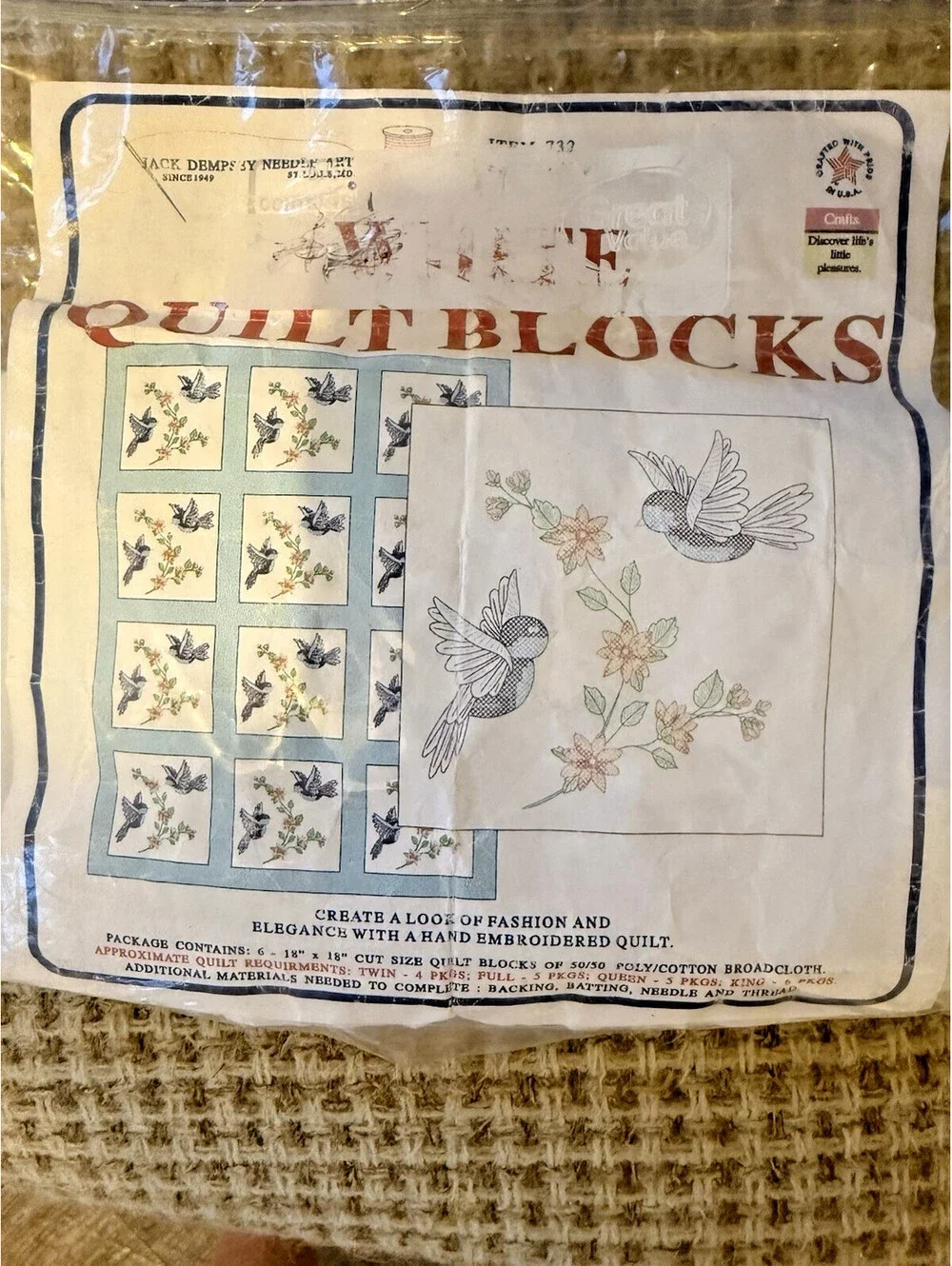 Jack Dempsey Needle Art Hummingbird Quilt Blocks Cross Stitch Kit, “started”
