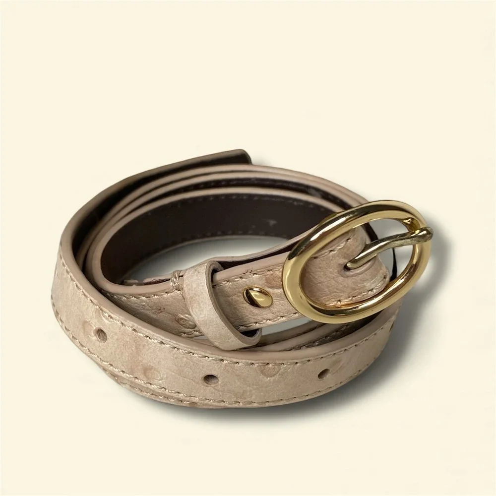 J.Crew Factory Genuine Leather Ostrich‎ Embossed Belt Gold Buckle Cream Size S