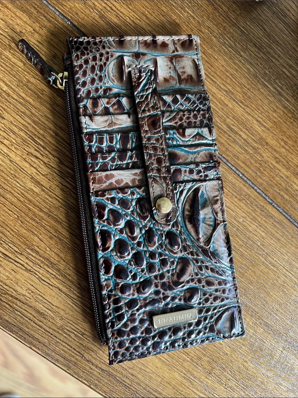 Brahmin Brown with Teal-Accented Croc-Embossed Leather Zip Card Holder