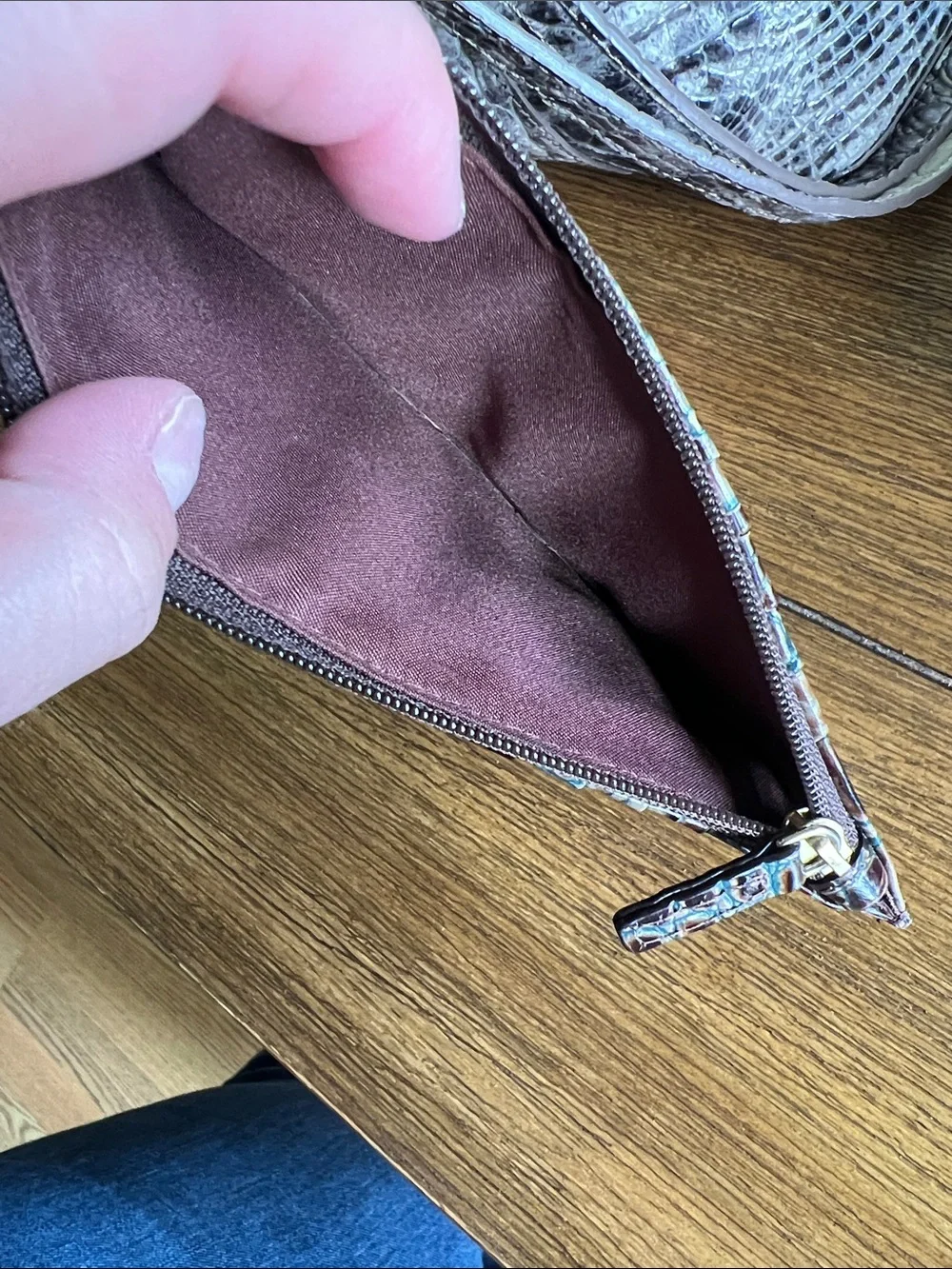 Brahmin Brown with Teal-Accented Croc-Embossed Leather Zip Card Holder