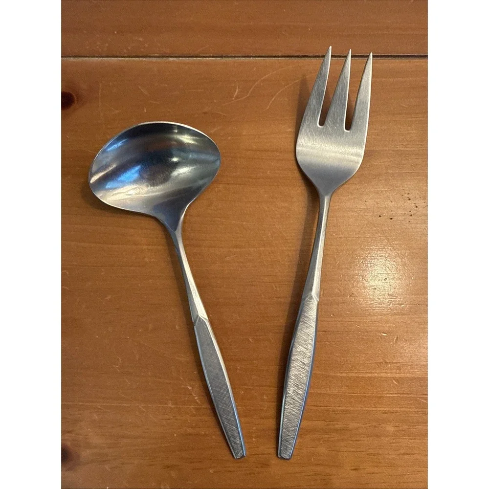 Vtg 60's SATURNA International Stainless Deluxe Serving Fork & Spoon Set 10
