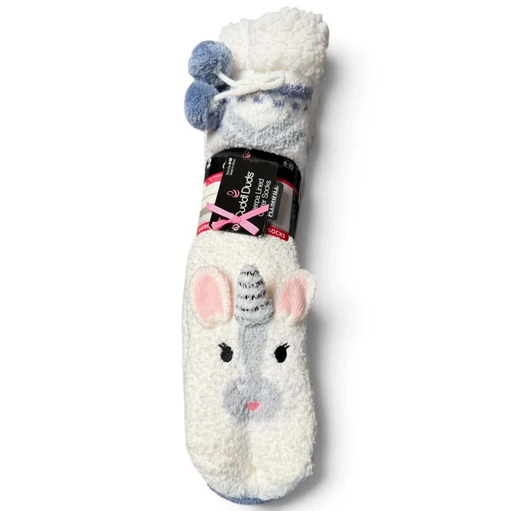 Cuddl Duds Unicorn Slipper Socks Critter 2-Pack Sherpa Lined Pom Poms Size 4-10