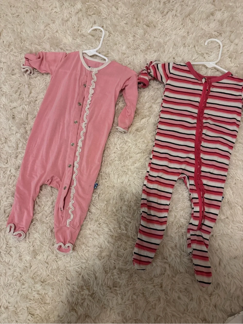 Kickee Pants Pink Solid and Pink-Striped Footie Set