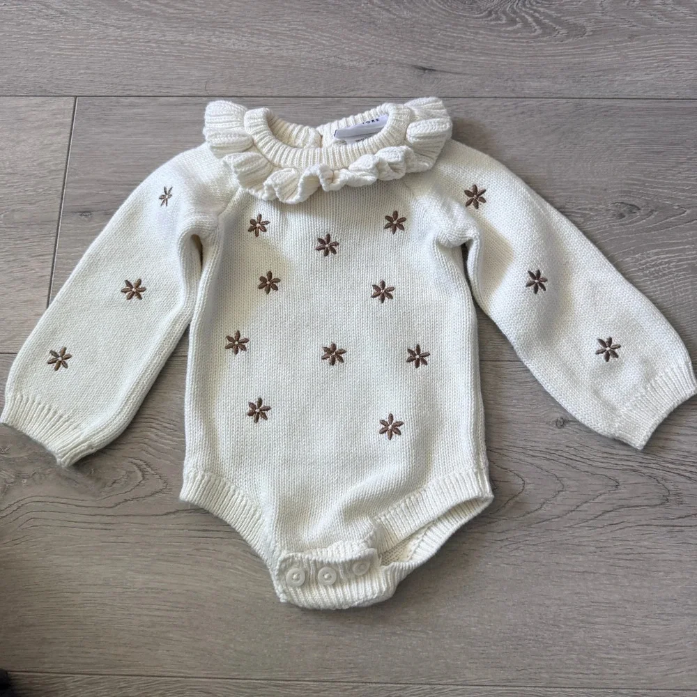 Nicole Miller New York Baby‎ Girls Cream Knit Floral Embroidered Romper 3 - 6 M