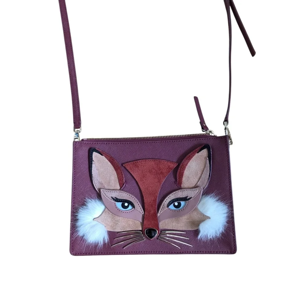 Kate Spade New York Fox Crossbody Bag Burgundy Saffiano Leather Whimsical Purse