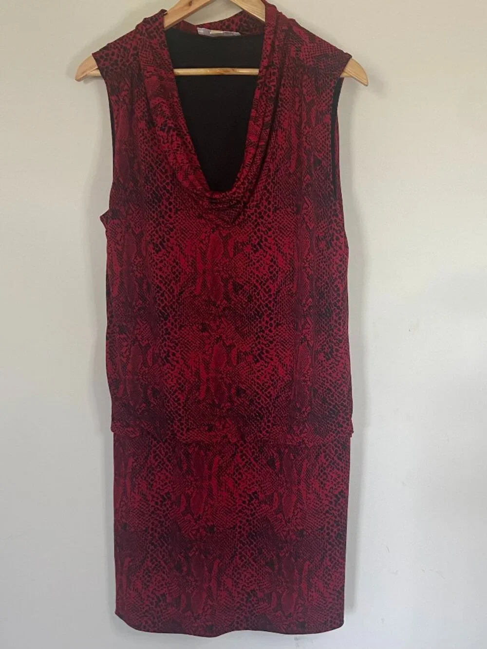 Michael Kors Women's Red Black Cowl Neck Snakeskin Print Knee Length Dress  L