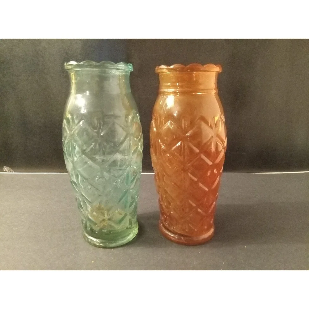 Quilted Diamond Pattern Glass Vase Set of 2 Blue Orange 6.5 Inch Pressed Glass