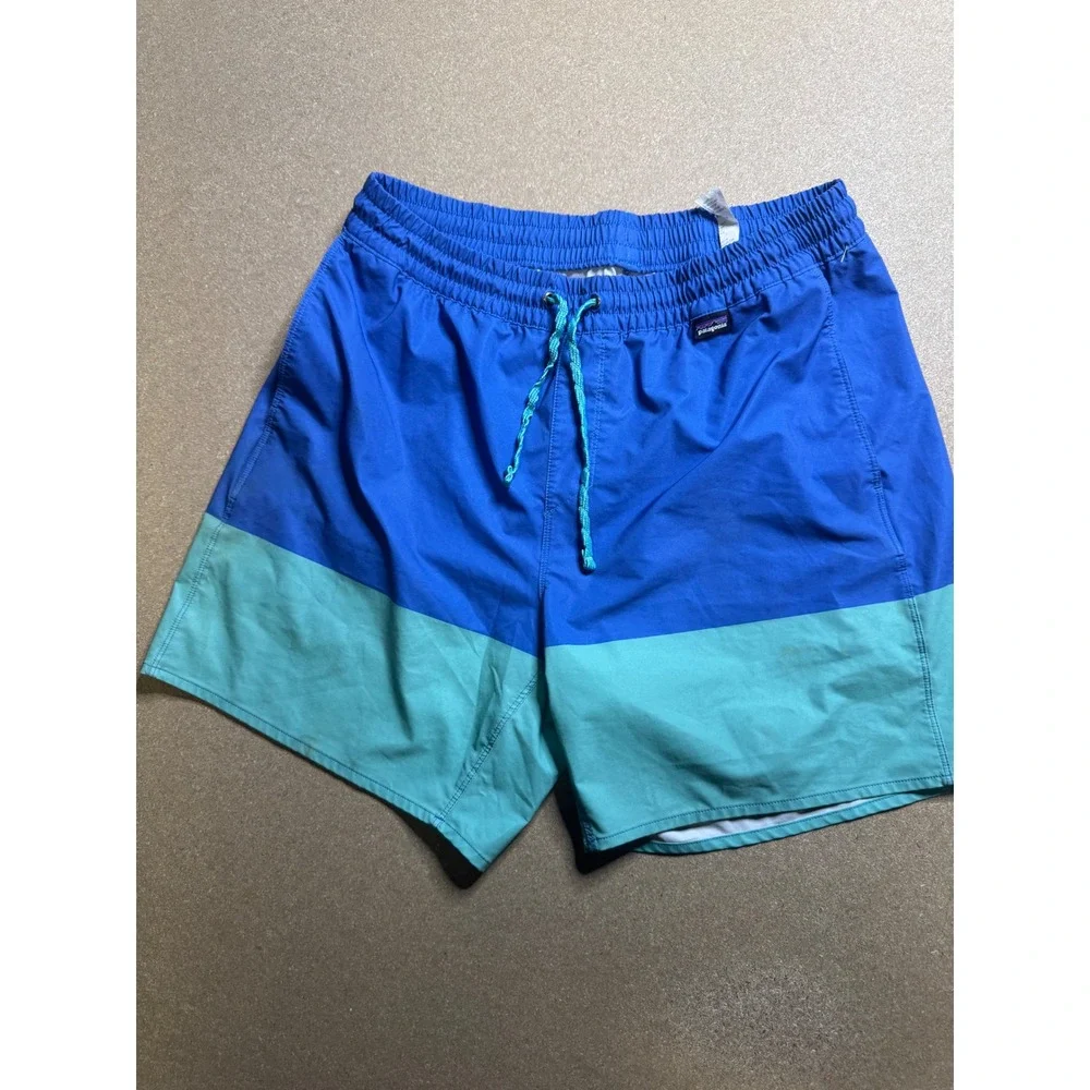 Patagonia Mens Swim Trunks Board Shorts‎ Blue Green Colorblock Elastic Waist M