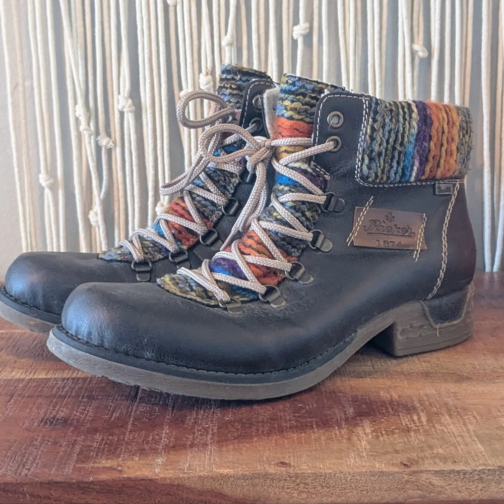 Rieker Black Leather Lace-Up Ankle Boots with Multi-Color Knit Cuff - Size 41