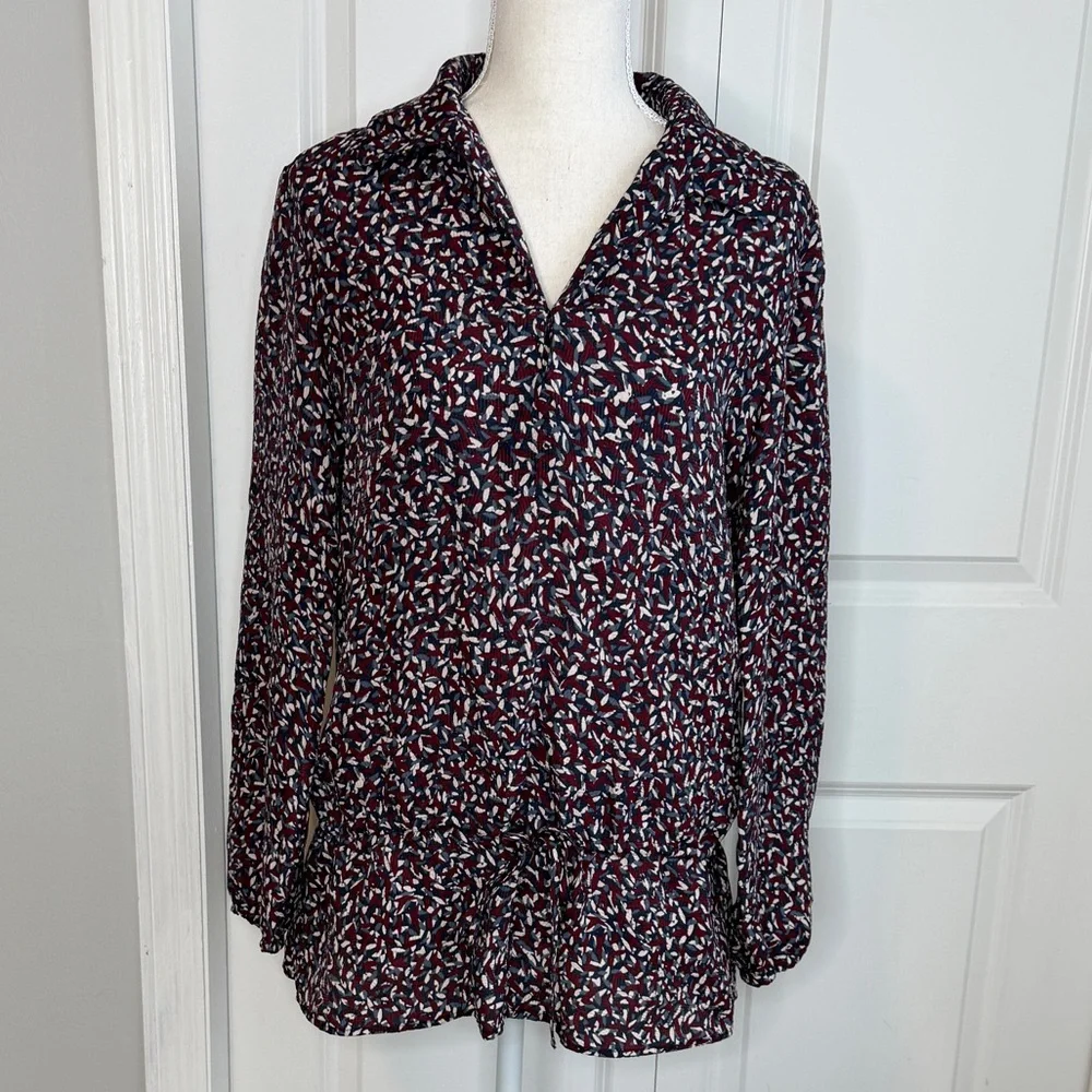Tory Burch Blue Burgundy White Agate Confetti Tunic Blouse Silk Blend XS Fall