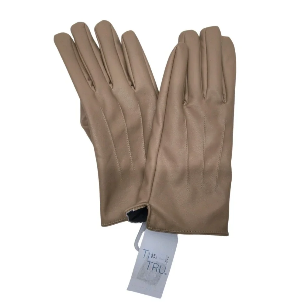 Time & Tru Women's 3 Point Solid Tan Lined Faux Leather‎ Winter Gloves L/XL NWT