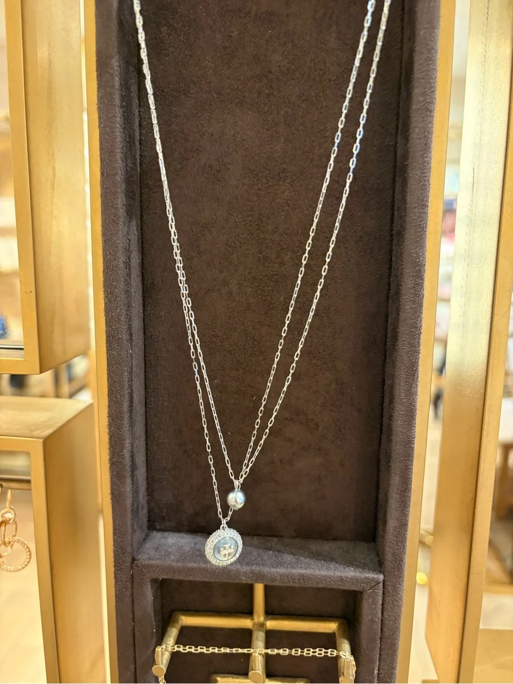 Tory Burch Moondance silver two layer  Crystal Logo pearl small Pendant Necklace