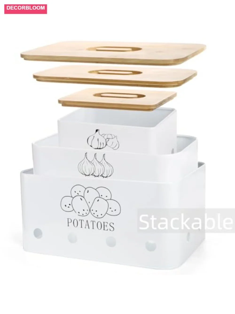 3 Pack Potato Onion Garlic Storage Set with Bamboo Lids, Metal Containers
