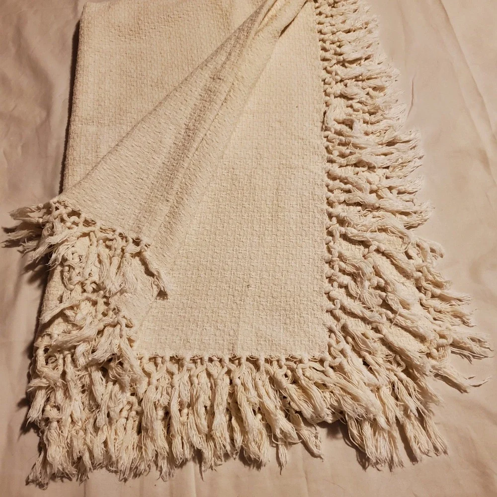 Woven Cream Cotton Throw Blanket with Knotted Fringe Macrame Boho 48x60 India