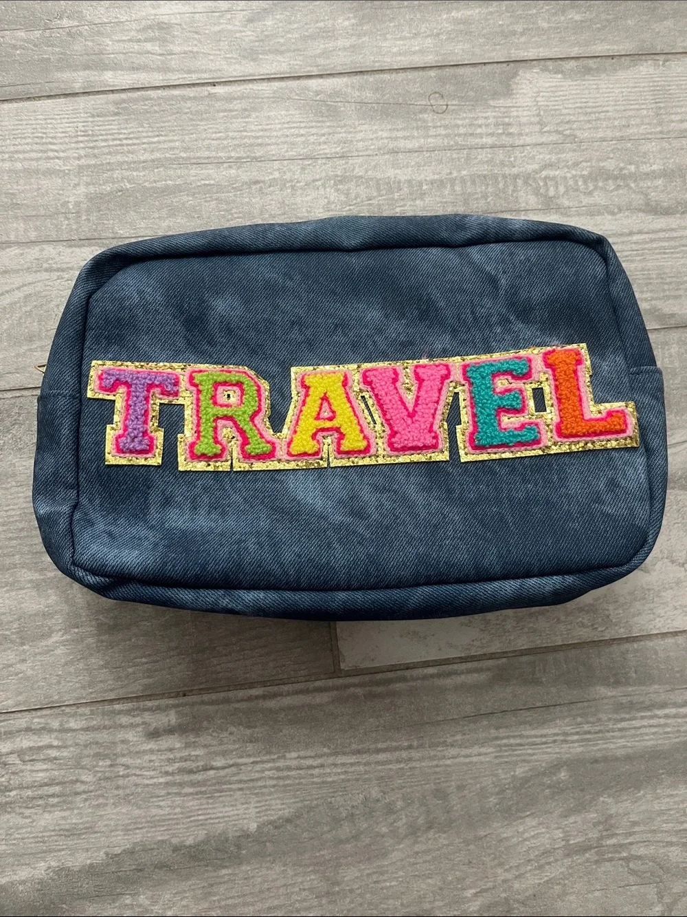 Navy Embroidered 'TRAVEL' Cosmetic Pouch - Multicolor Accent