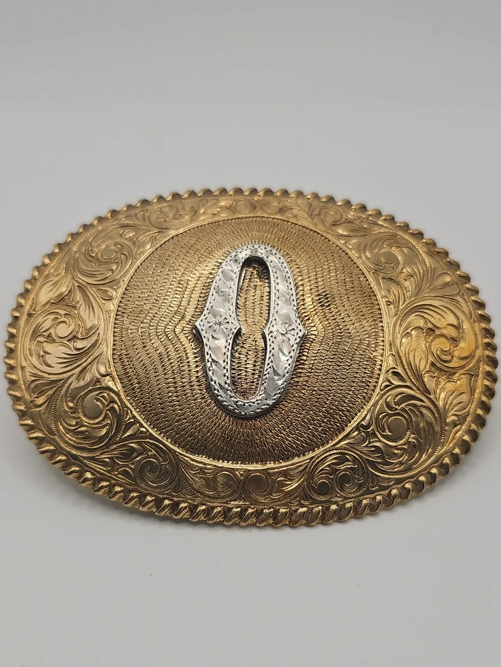 Crumrine El Futuro Bronze Belt Buckle Mens Size OS Gold Silver Initial O Vintage