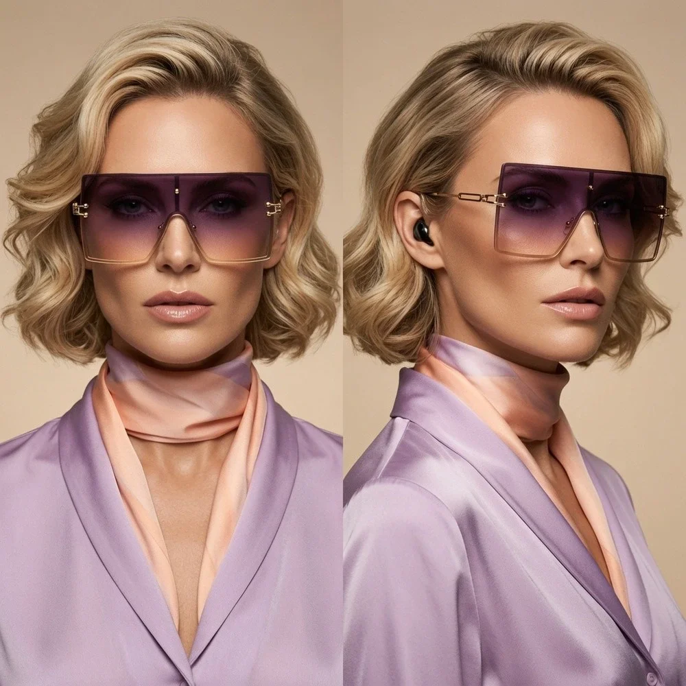 Oversized Square Shield Sunglasses Burgundy Gradient Gold Frame Women Shades New