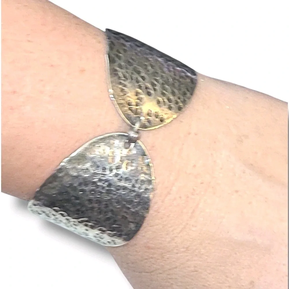 Vintage Spoon Bracelet Hammered Silverplate Flatware Upcycled 925 Clasp 7in
