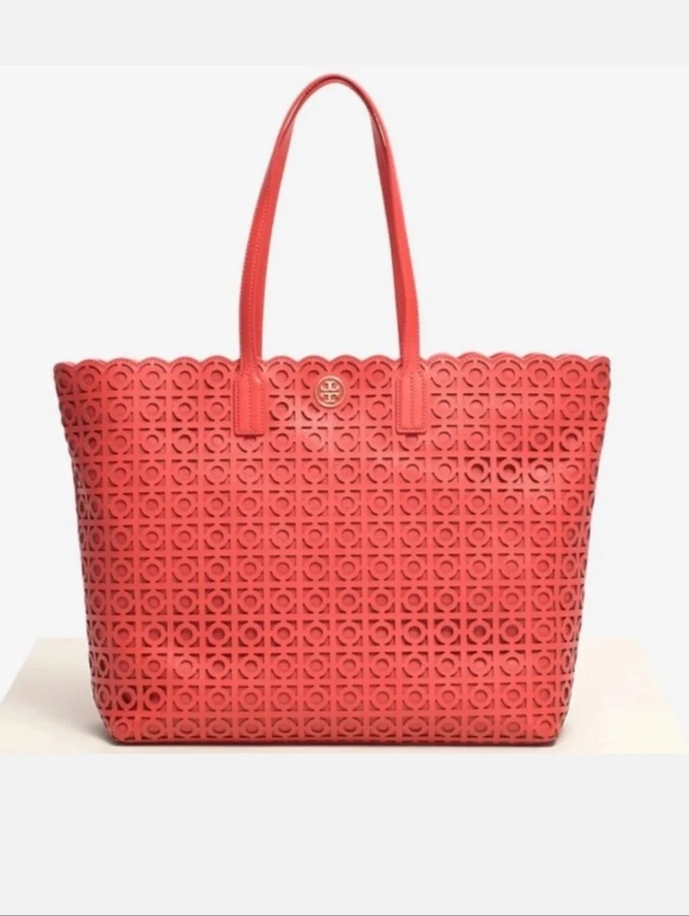 Tory Burch Coral Red Laser Cut Tote EUC