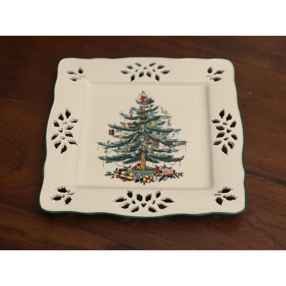 Vintage Spode Christmas Tree Pierced Square Serving Tray Plate Cutout Holly