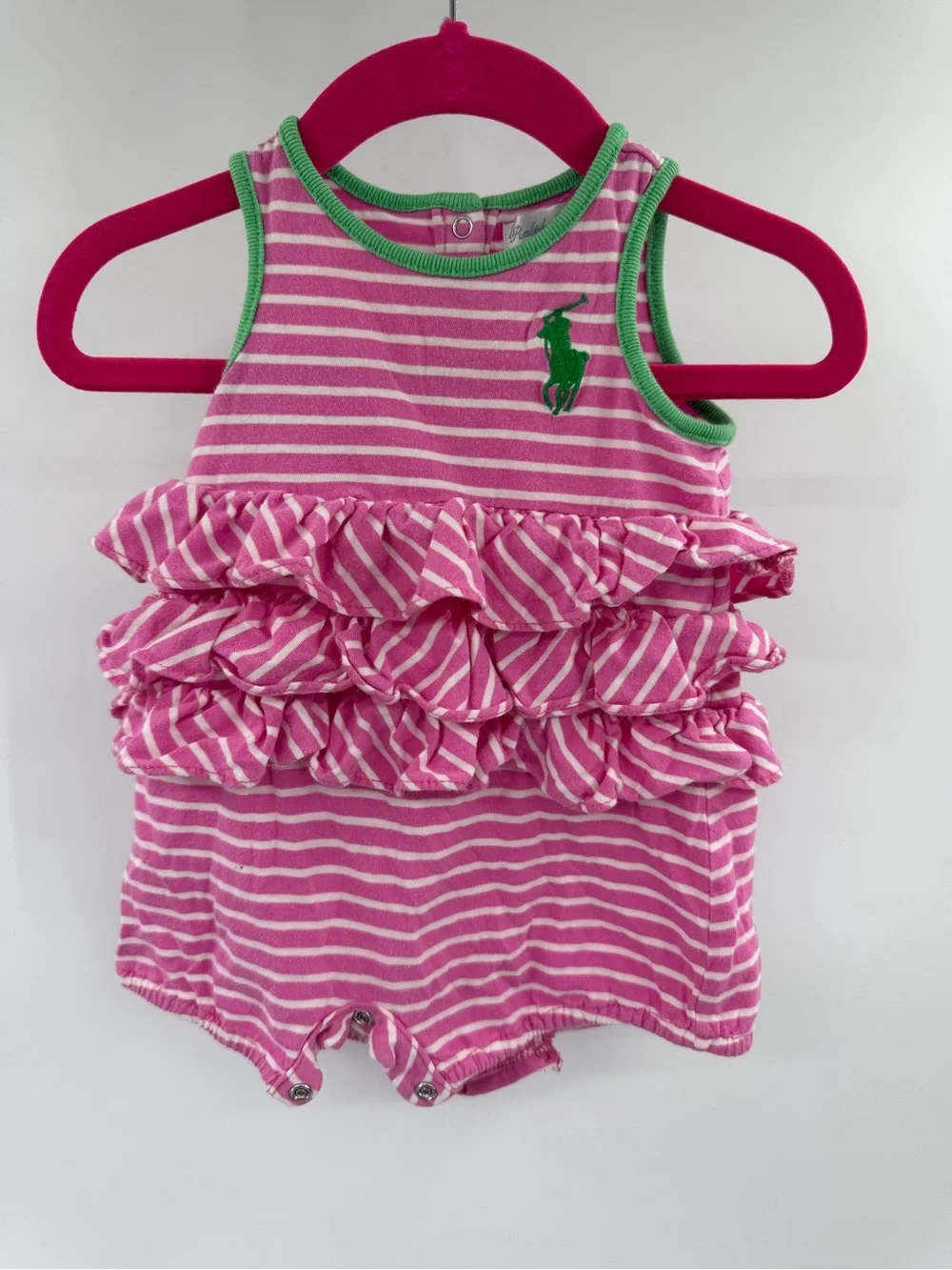 Vintage Ralph Lauren pink White striped ruffles romper onesie 3 months