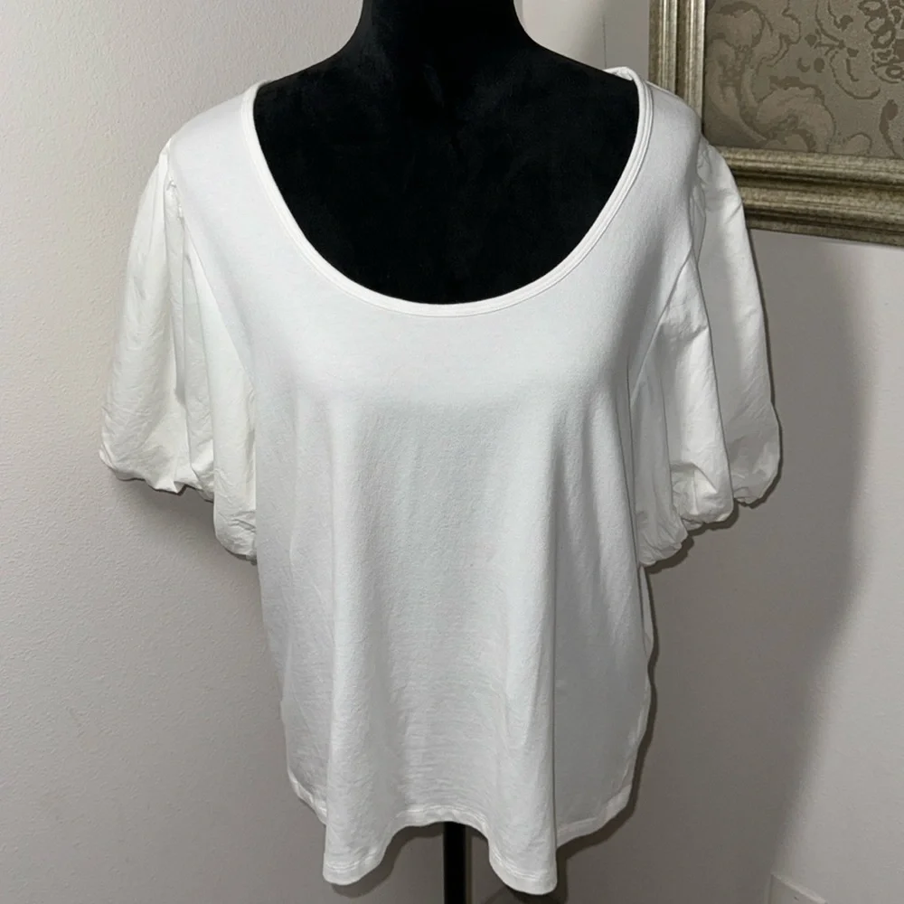 Old Navy Fitted Puff-Sleeve Paneled Rib-Knit white T-shirt Sz XXL‎