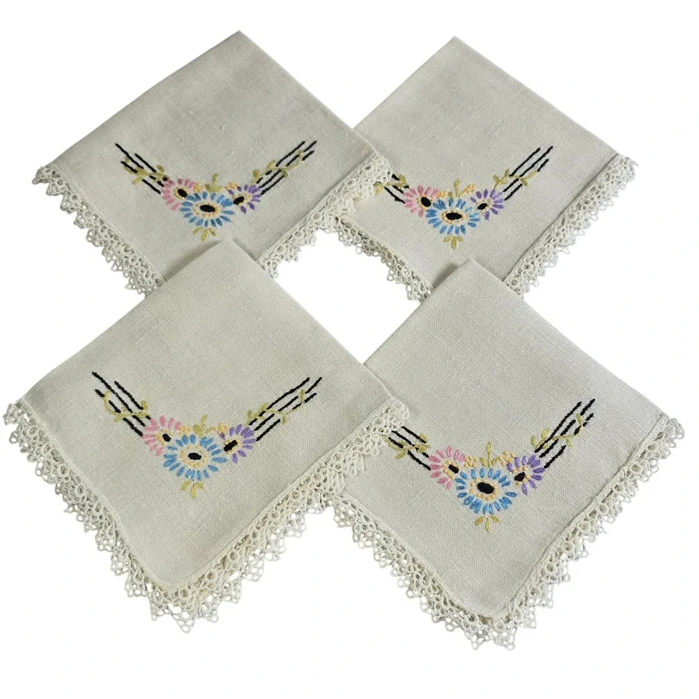 Vintage Hand Embroidered Linen Napkins Set of 4 Floral‎ Lace Trim Cream 10x10