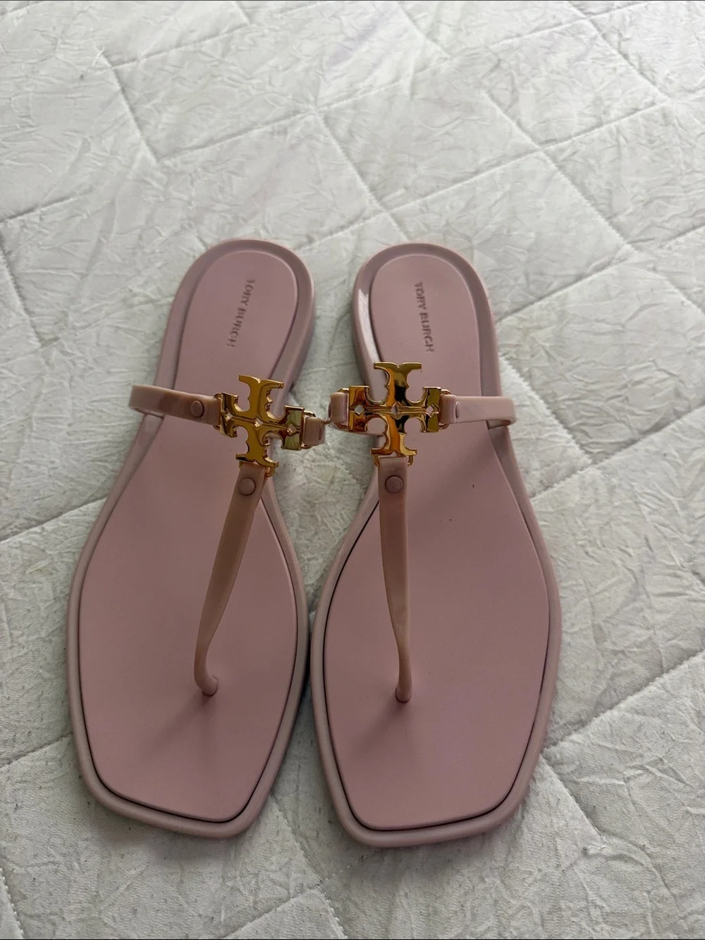 Tory Burch Pink Logo jelly Thong Sandals with Gold Emblem