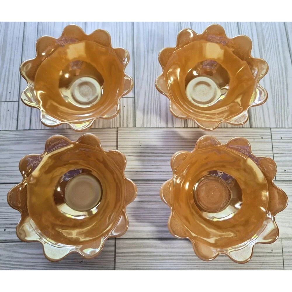 Vintage Fire-King Peach Luster Lotus Blossom Dessert Bowls Set of 4 Mid-Century