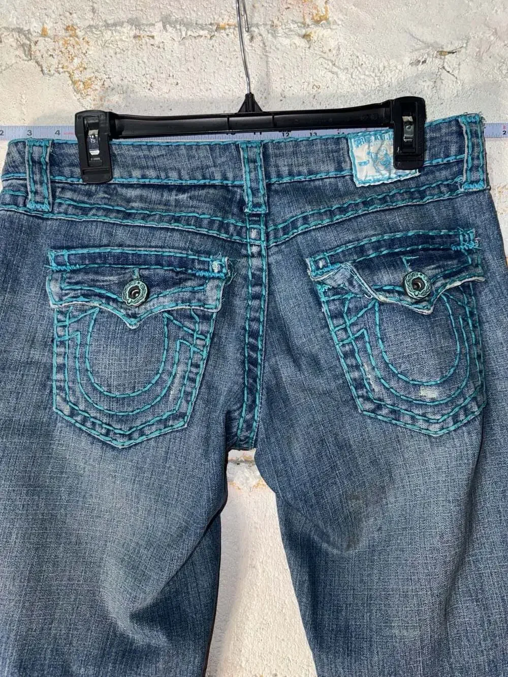 True Religion Billy Super T Teal Contrast Stitching Straight Leg Jeans