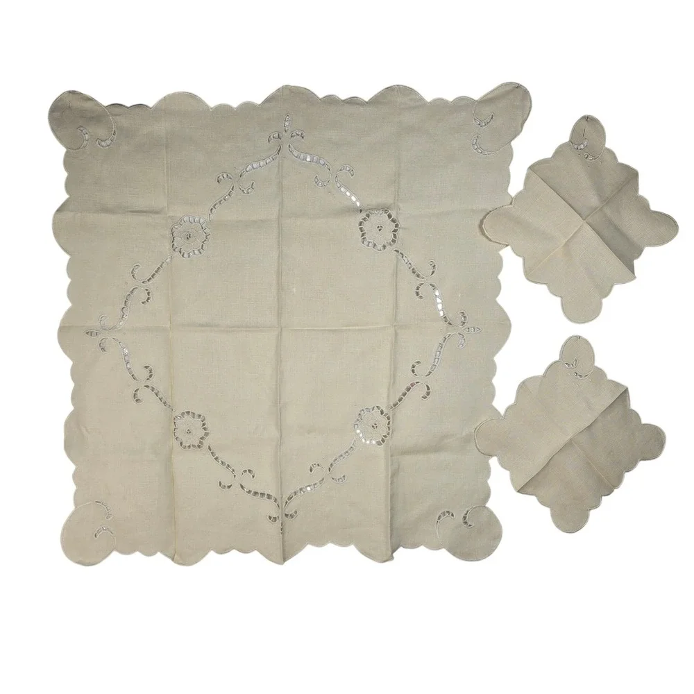 Vintage Cream Linen Tablecloth and 2 Napkin Set Floral Cutout Scalloped Edge 3pc