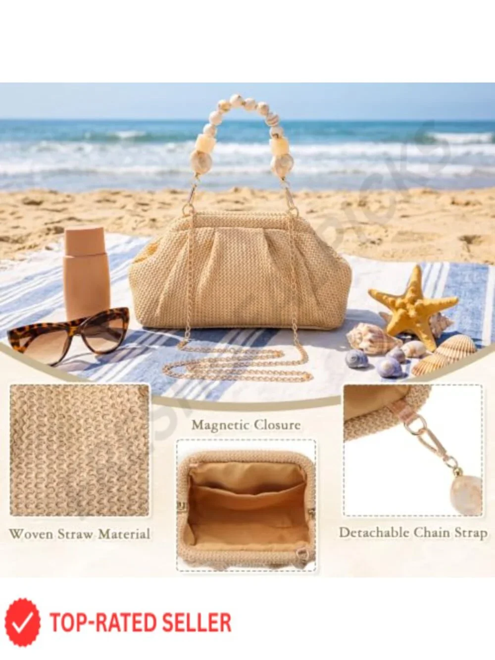 Woven Straw Clutch Purse for Women, Boho Beach Bag with Detachable Chain Straps