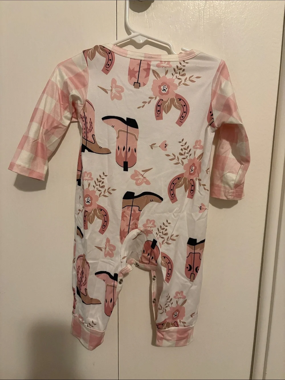 SHEIN Pink and White Cowboy Boot Print Baby One-Piece