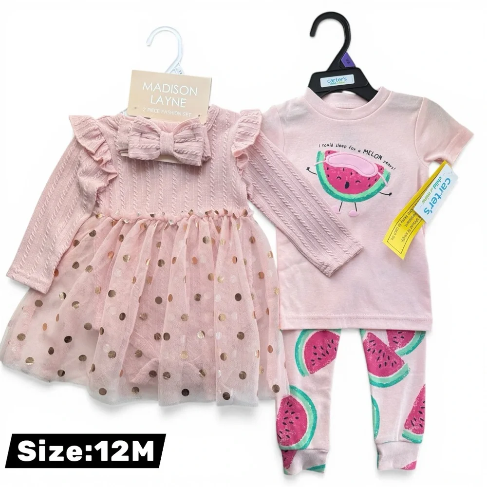 Madison Layne & Carter’s Baby Girls Knit Dress Pajama Set Pink NWT Size 12M