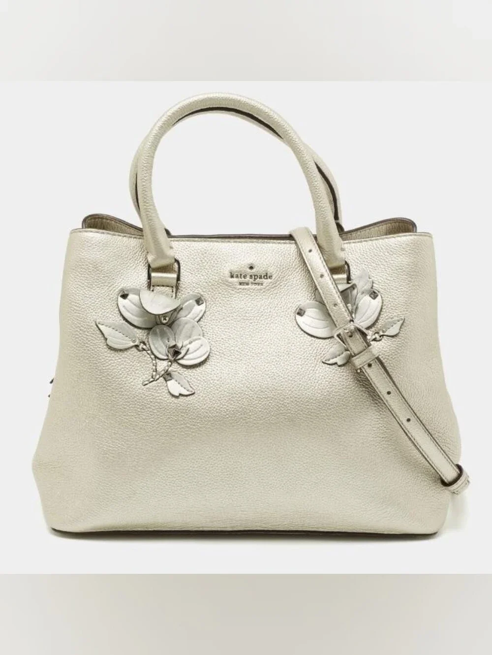 Kate Spade Light Metallic Silver Larchmont Ave Floral Evangelie Satchel NWT