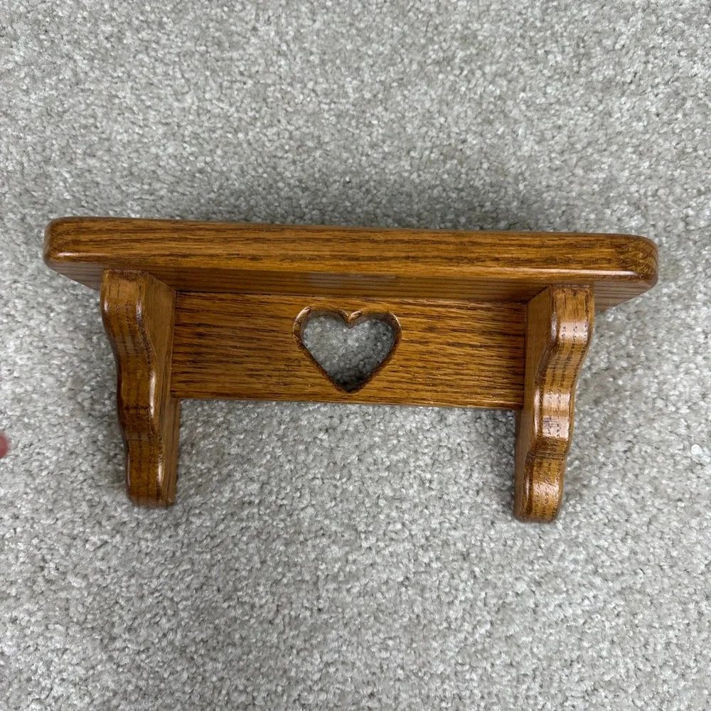 Vintage Oak Wood Wall Shelf Heart Cutout Country Farmhouse Rustic Brown Small