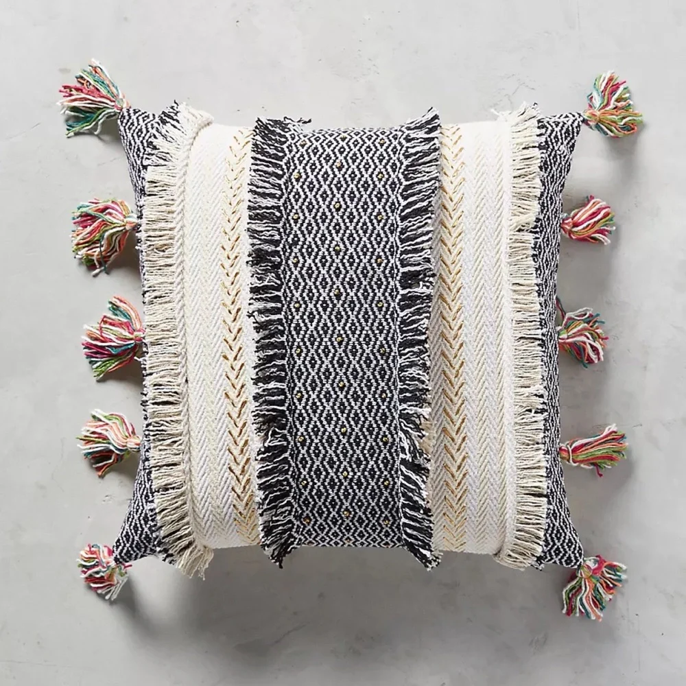 Anthropologie | Tasseled Retrograde Pillow Black Ivory Gold Embroidered
