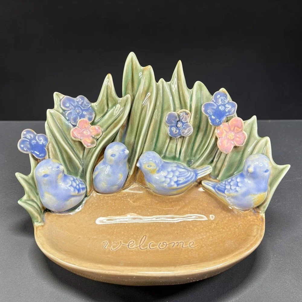 Ceramic Bluebird Welcome Sign Garden‎ Decor Blue Birds Flowers Bowl Dish 9 Inch