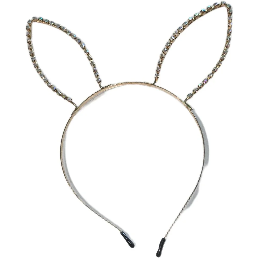 Gold Rhinestone Bunny Ear Headband Iridescent Crystal Party Accessory
