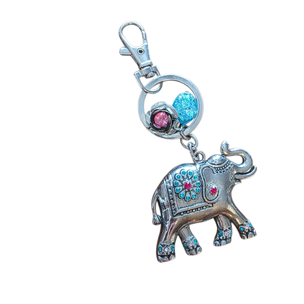 Silver Elephant Keychain with Pink and Blue Accents